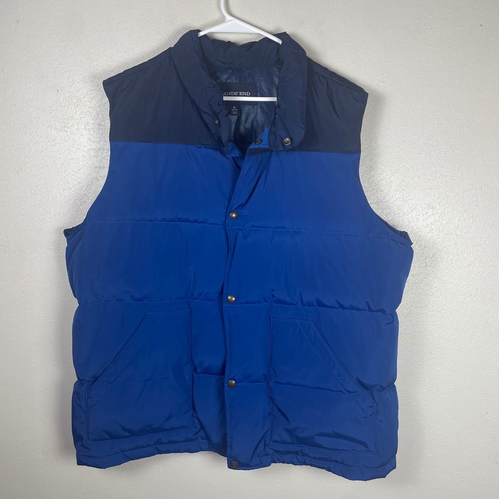 Lands End Mens Down Puffer‎ Vest XL 46-48 Blue Colorblock Snap Front
